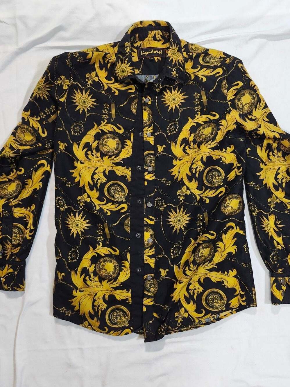 Liquidwest Black and Yellow Baroque Print Long Sleeve Button Up Shirt Size S - Picture 1 of 4